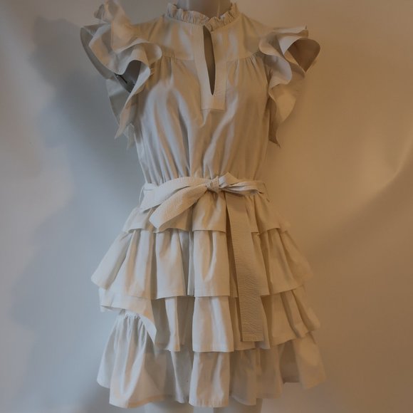 Womens Ulla Johnson Honoria White Ruffle Tiered Mini Split Neck Belted Dress 10* - Picture 8 of 16